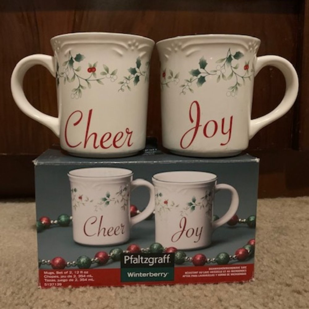 Pair of Pfaltzgraff WINTERBERRY Sentiment Mugs, Cheer and Joy, in Original Box